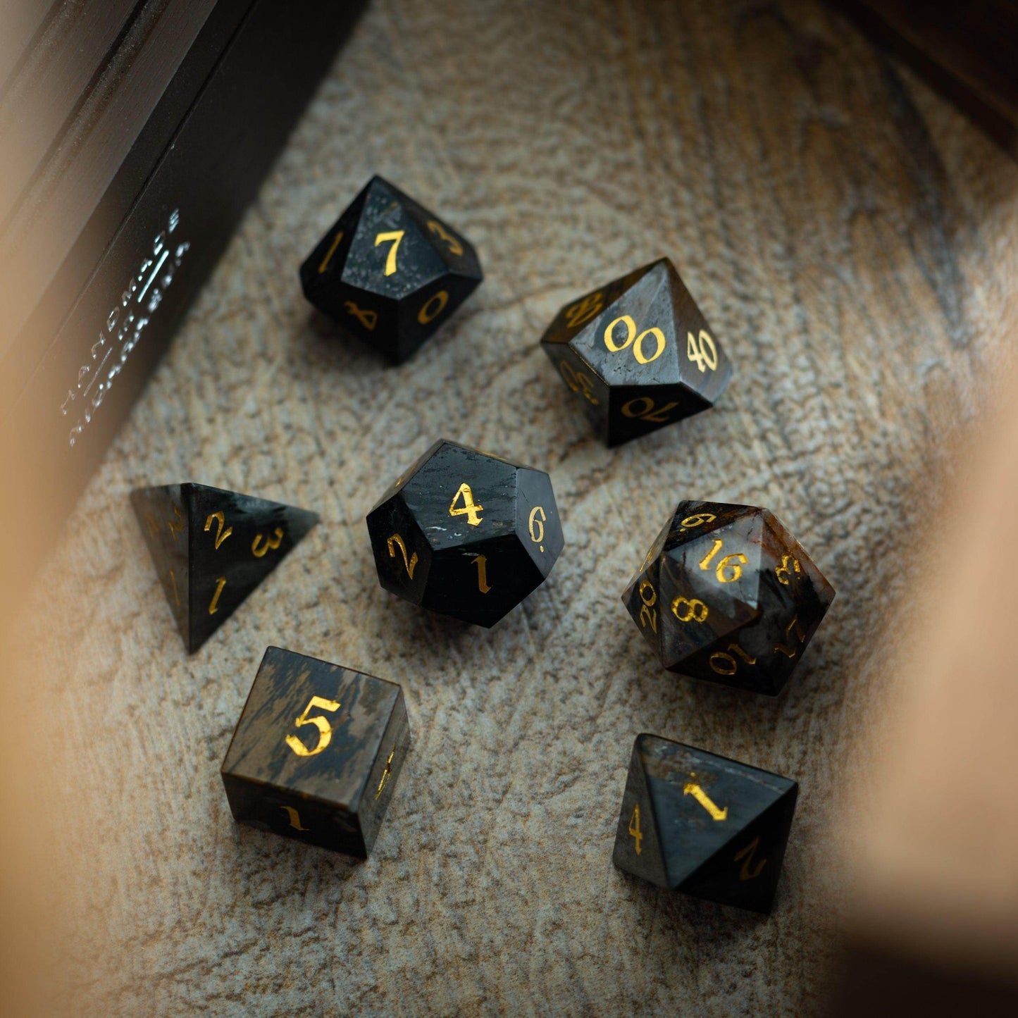 Black Gemstone Eagle Eye Hand Carved DND Dice Set - Full Set And Free Dice Box