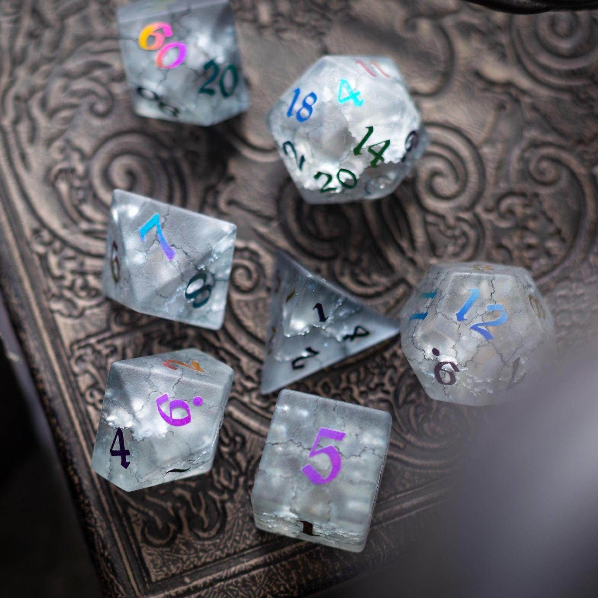 Black Inked Lightning Cracked Glass DND Dice Set - Full Set and Free Dice Box