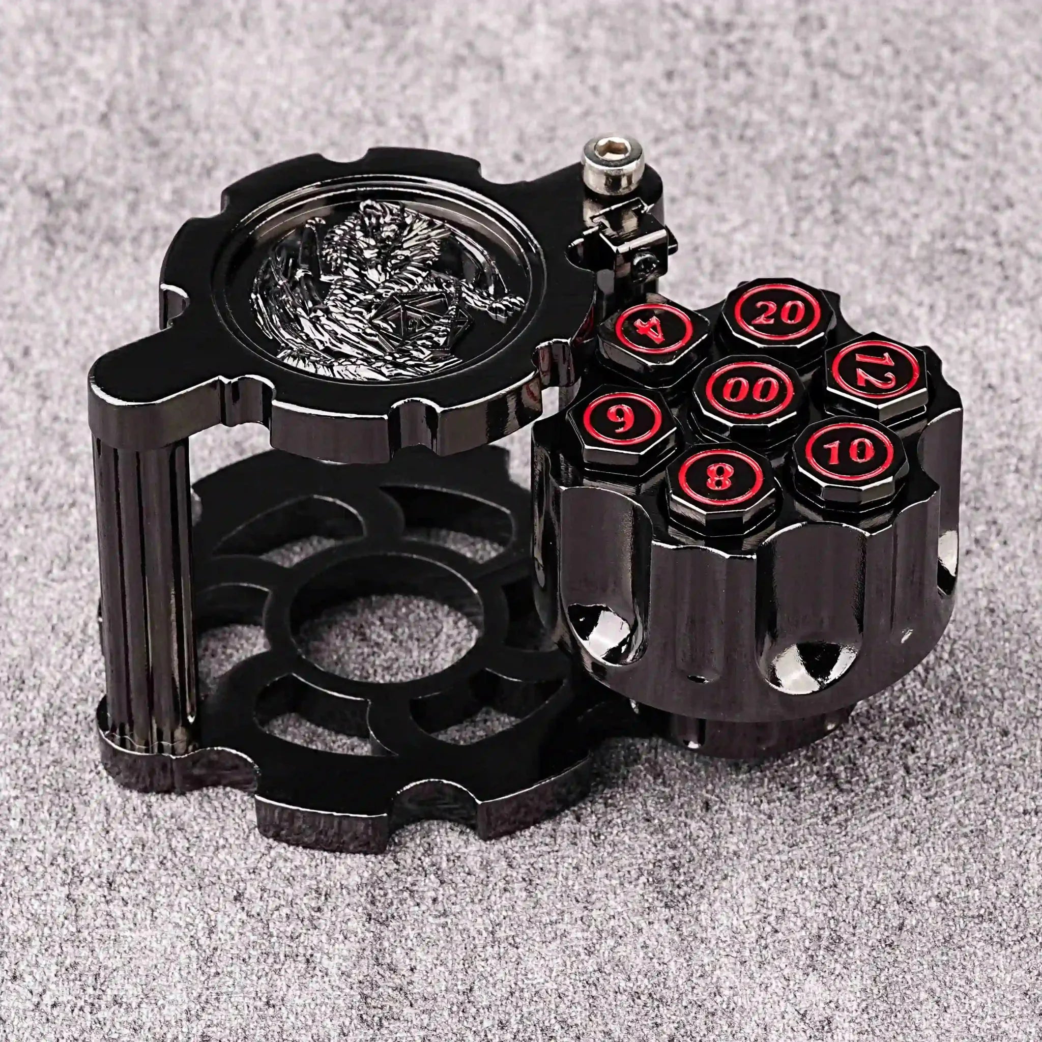 Unique dnd revolver dice set: 7 cool metal dnd bullet dice in the rotating revolver cylindrical magazine