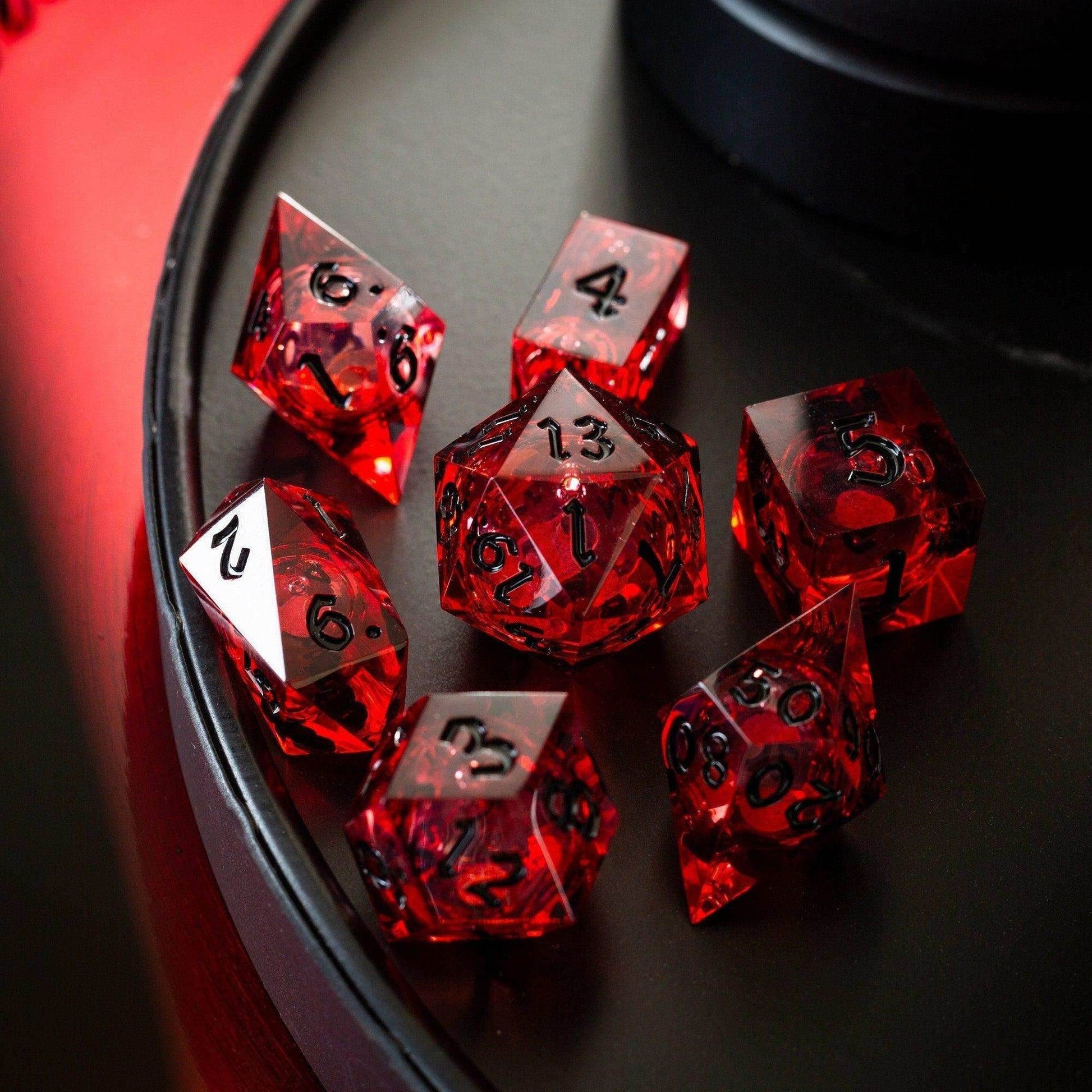 Blood Red Glitter Liquid Core Handmade Resin DND Dice Set - Full Set And Free Dice Box