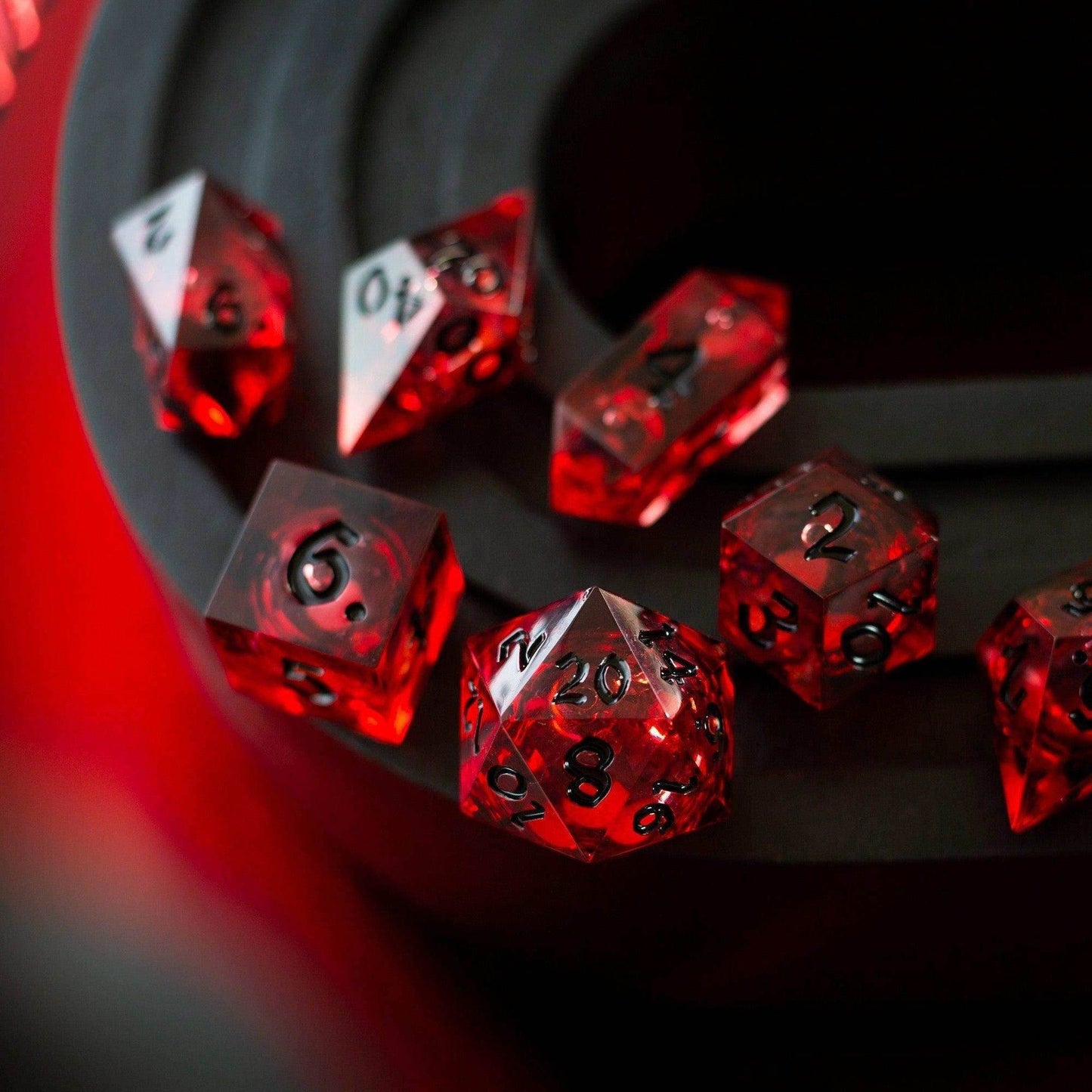 Blood Red Glitter Liquid Core Handmade Resin DND Dice Set - Full Set And Free Dice Box