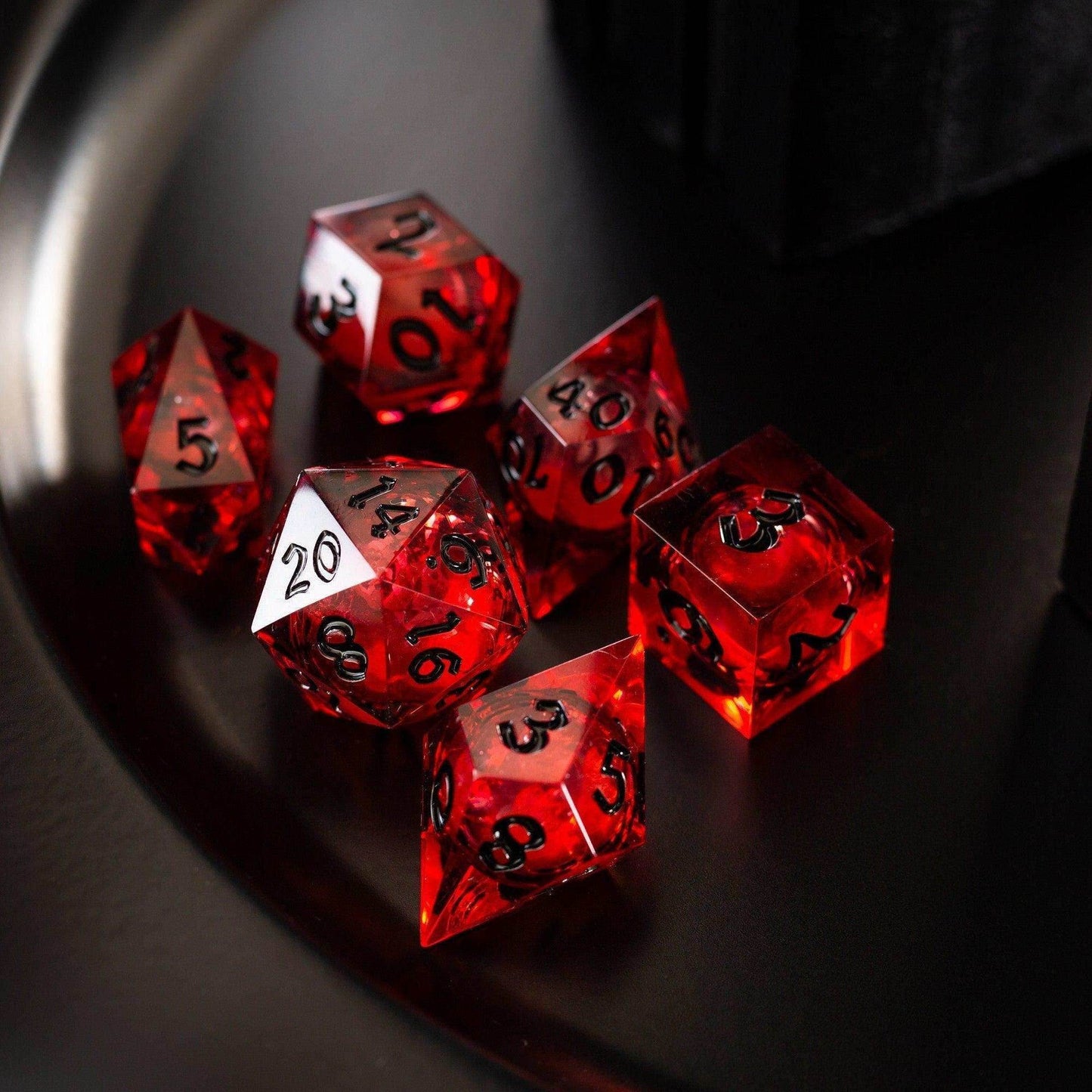 Blood Red Glitter Liquid Core Handmade Resin DND Dice Set - Full Set And Free Dice Box