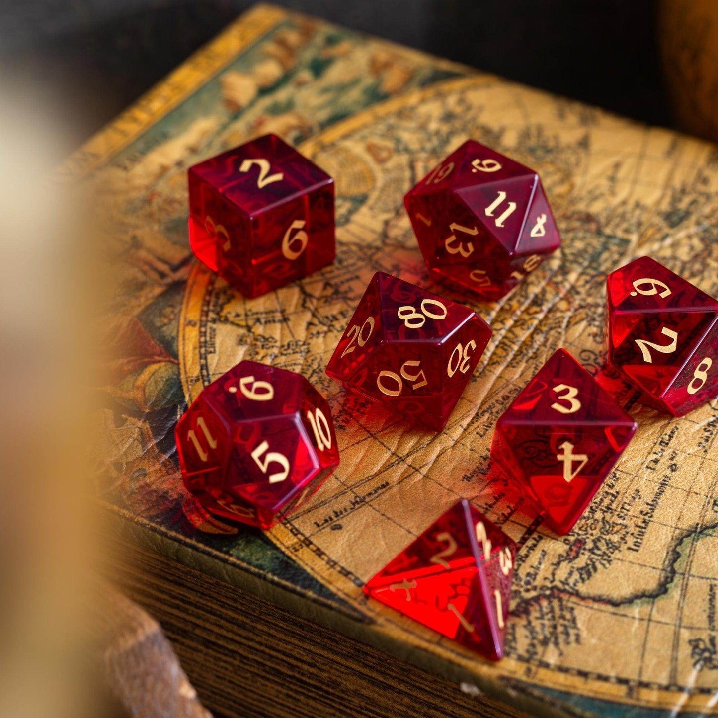 Blood Red Hand Carved Zircon Glass DND Dice Set - Full Set and Free Dice Box