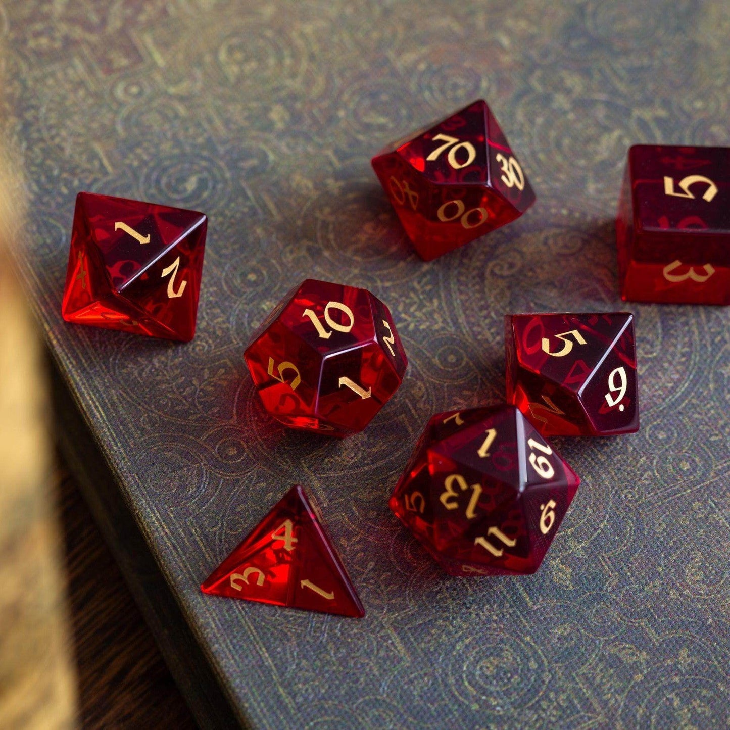 Blood Red Hand Carved Zircon Glass DND Dice Set - Full Set and Free Dice Box