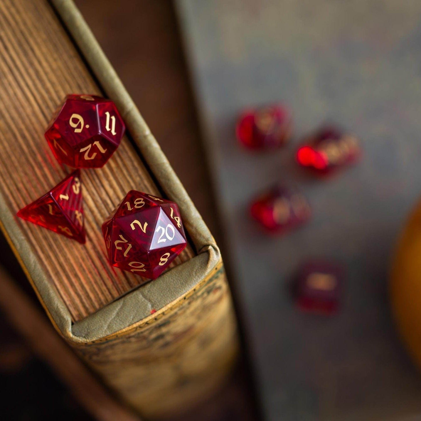 Blood Red Hand Carved Zircon Glass DND Dice Set - Full Set and Free Dice Box