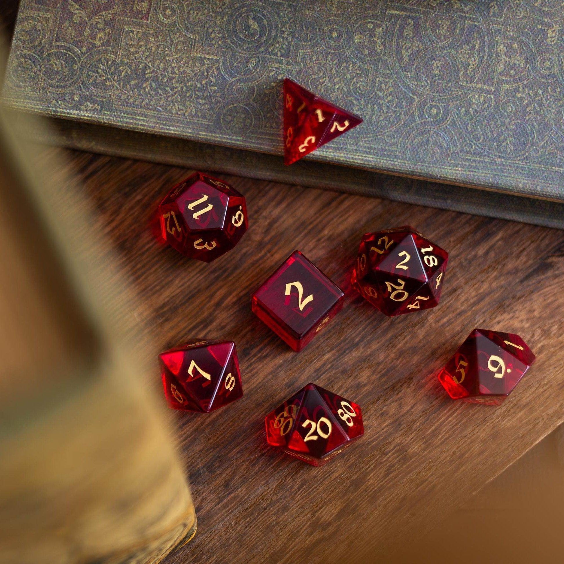 Blood Red Hand Carved Zircon Glass DND Dice Set - Full Set and Free Dice Box