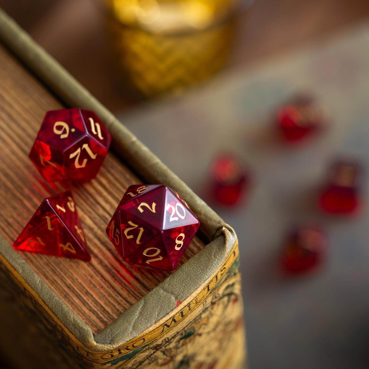 Blood Red Hand Carved Zircon Glass DND Dice Set - Full Set and Free Dice Box
