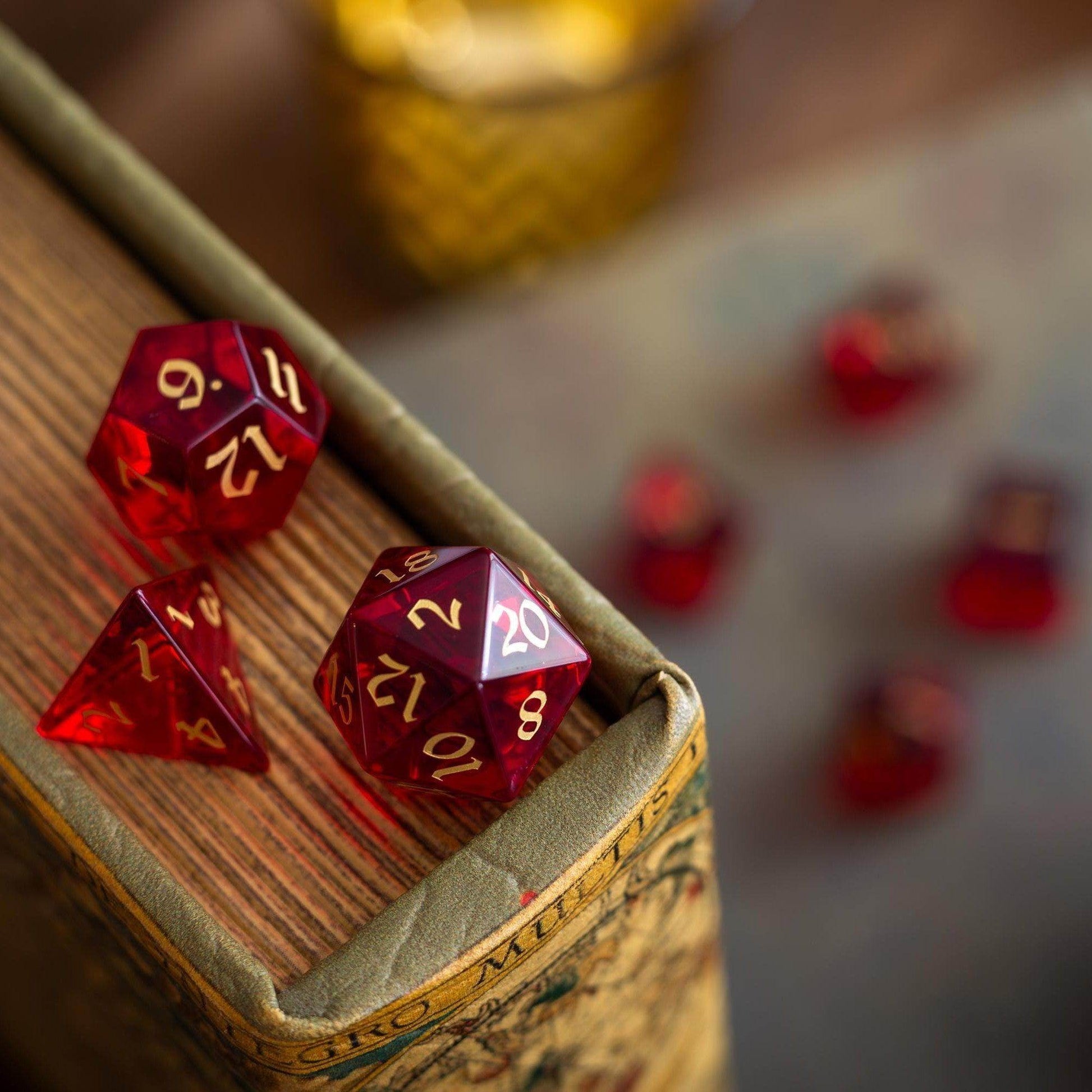 Blood Red Hand Carved Zircon Glass DND Dice Set - Full Set and Free Dice Box