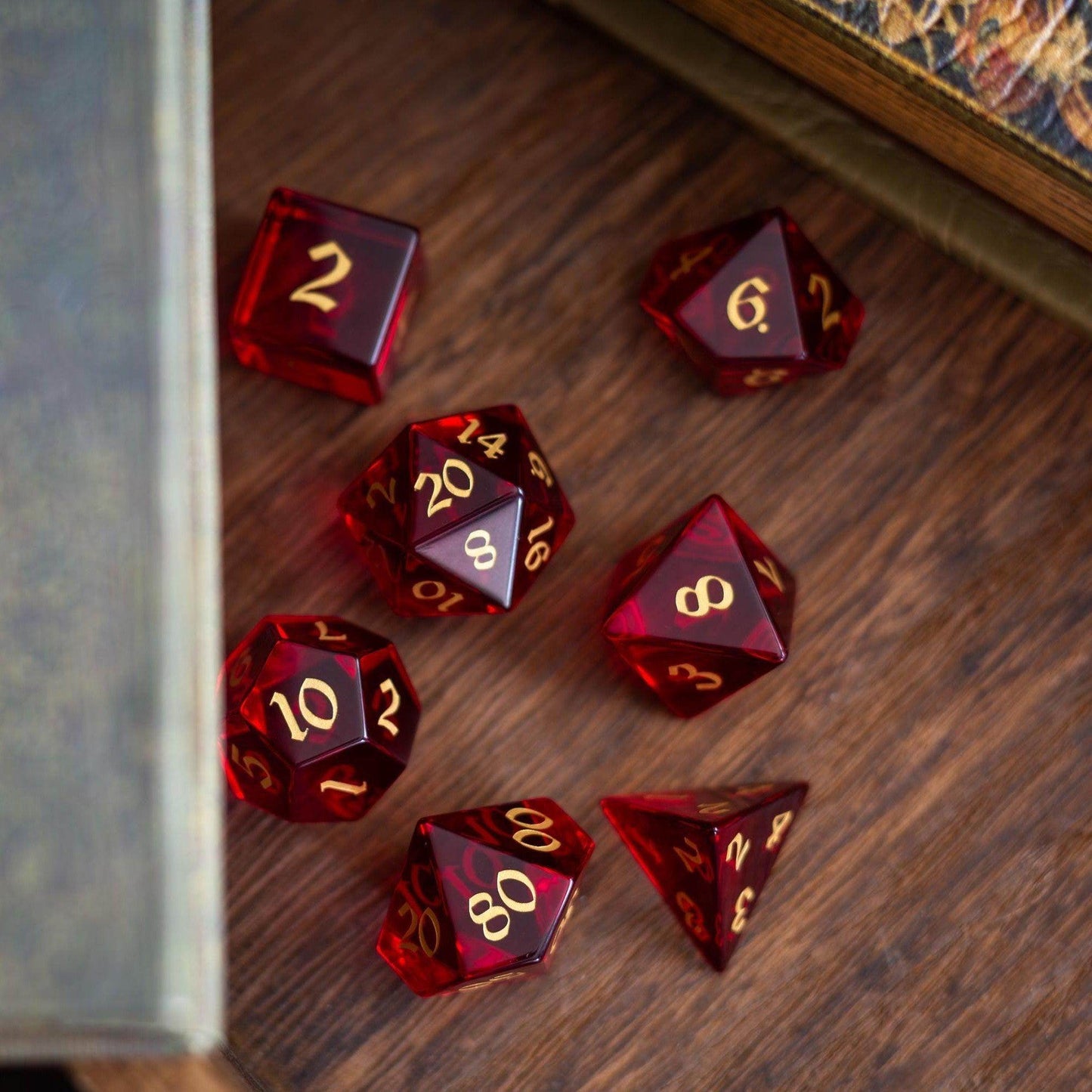 Blood Red Hand Carved Zircon Glass DND Dice Set - Full Set and Free Dice Box
