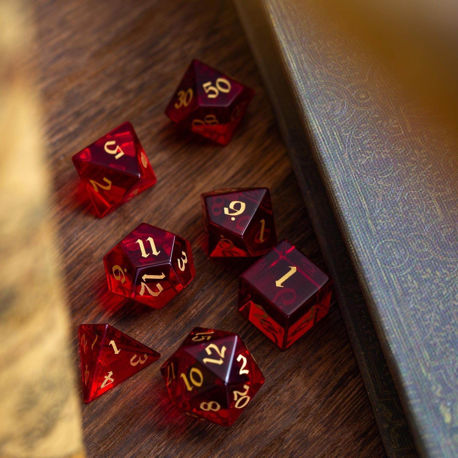 Blood Red Hand Carved Zircon Glass DND Dice Set - Full Set and Free Dice Box