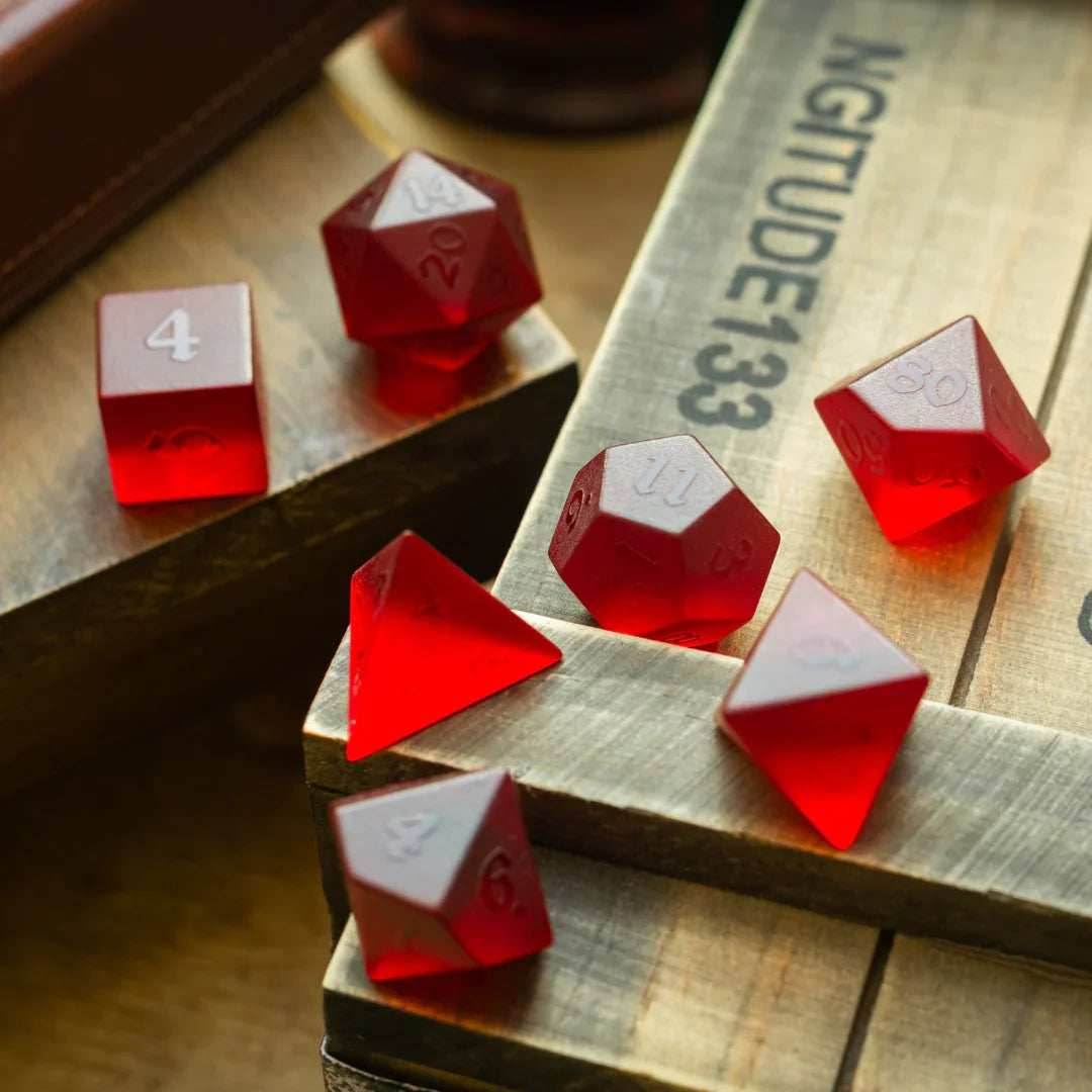 Blood Red Raised Zircon Glass Hand Carved DND Dice Set - Full Set And Free Dice Box