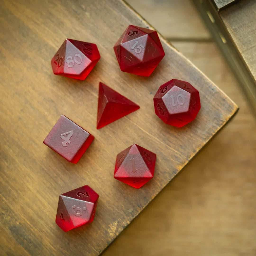 Blood Red Raised Zircon Glass Hand Carved DND Dice Set - Full Set And Free Dice Box
