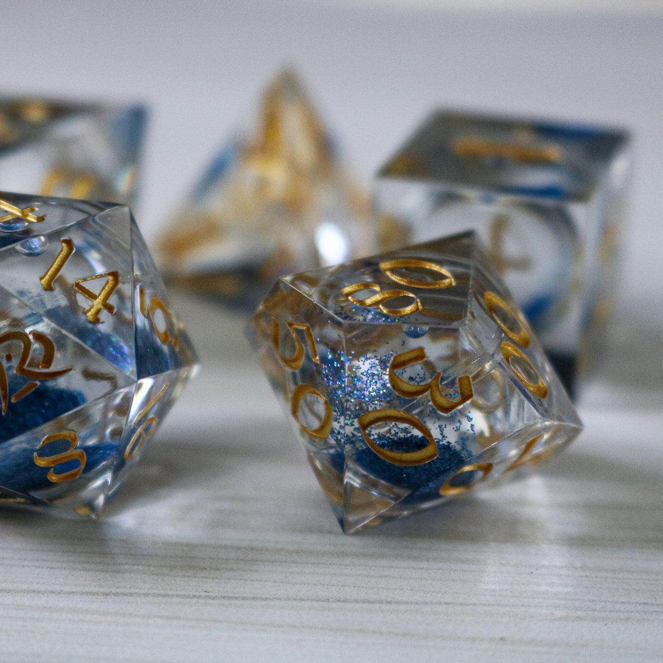 Blue Glitter Liquid Core Handmade Sharp Edge Resin DND Dice Set - 1 D20 (Not Full Set)