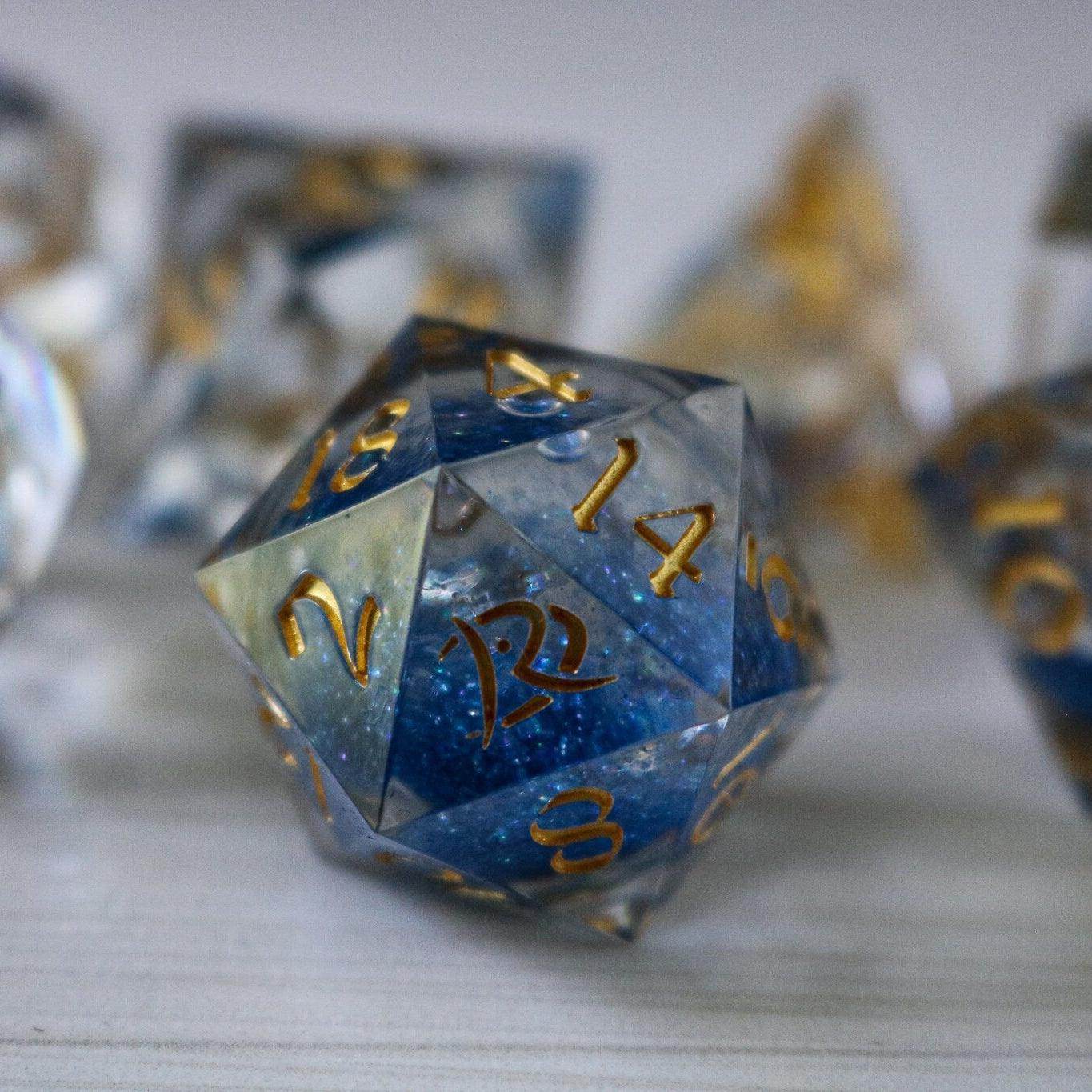 Blue Glitter Liquid Core Handmade Sharp Edge Resin DND Dice Set - 1 D20 (Not Full Set)
