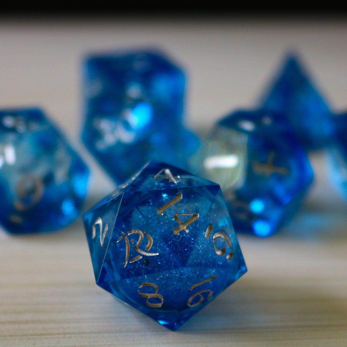 Blue Glitter Liquid Core Sharp Edge Handmade Resin DND Dice Set - 1 D20 (Not Full Set)