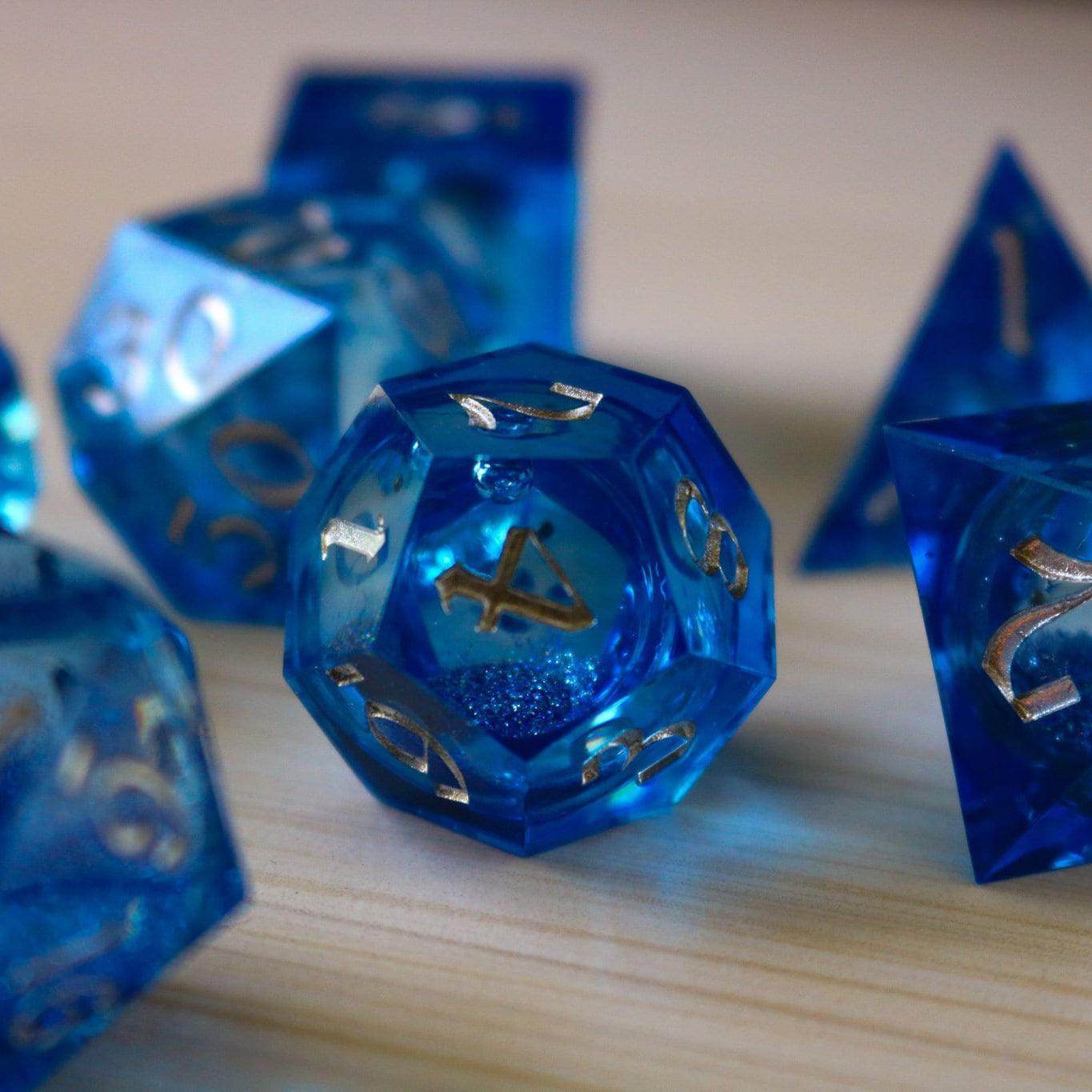 Blue Glitter Liquid Core Sharp Edge Handmade Resin DND Dice Set - 1 D20 (Not Full Set)