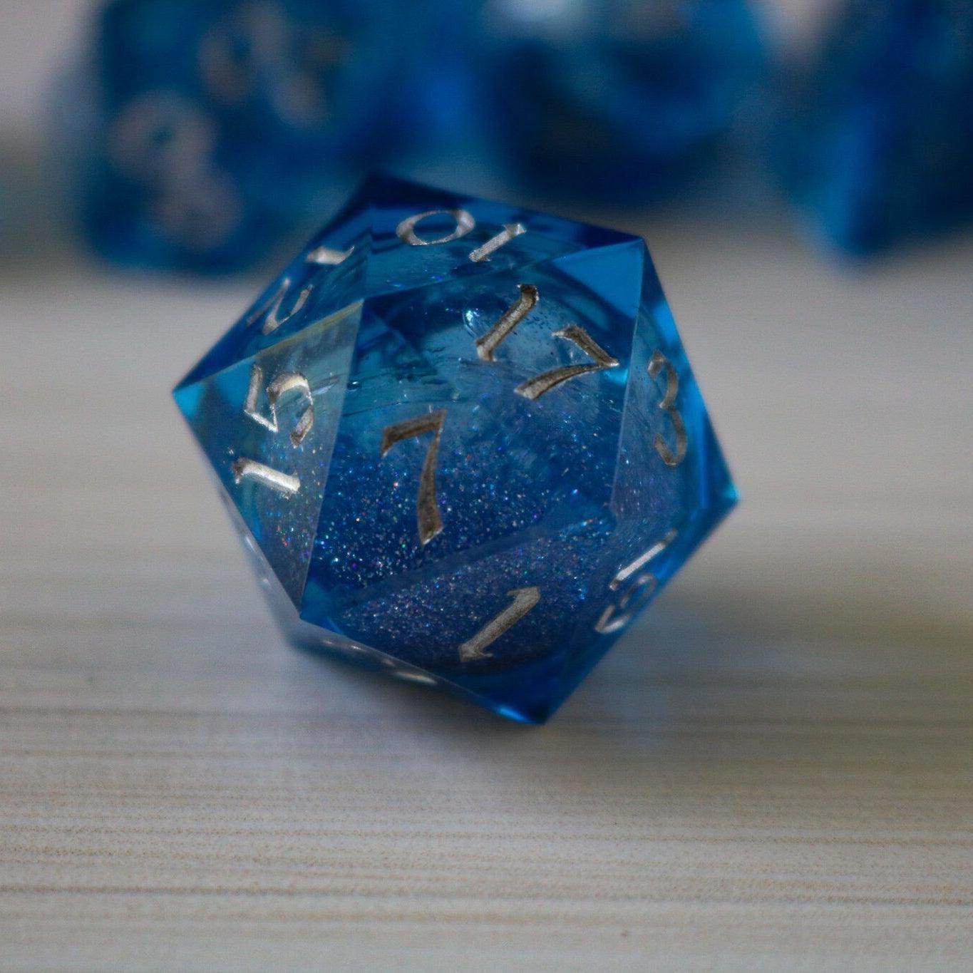 Blue Glitter Liquid Core Sharp Edge Handmade Resin DND Dice Set - 1 D20 (Not Full Set)