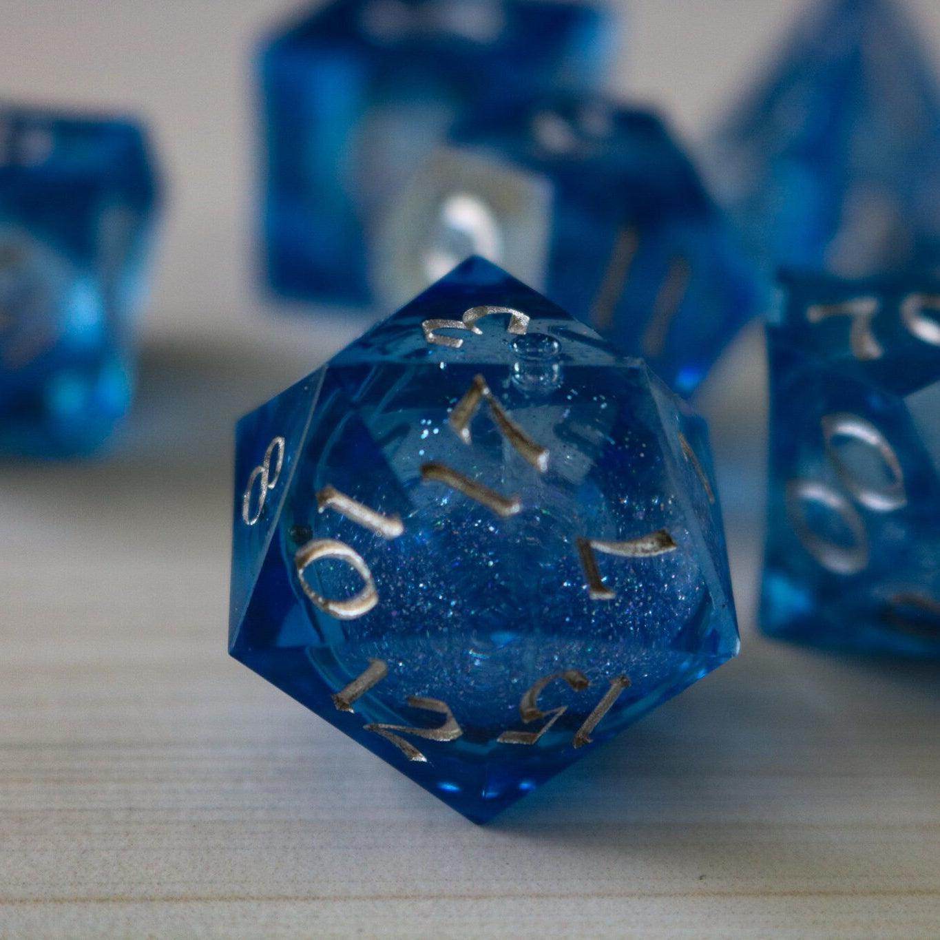 Blue Glitter Liquid Core Sharp Edge Handmade Resin DND Dice Set - 1 D20 (Not Full Set)