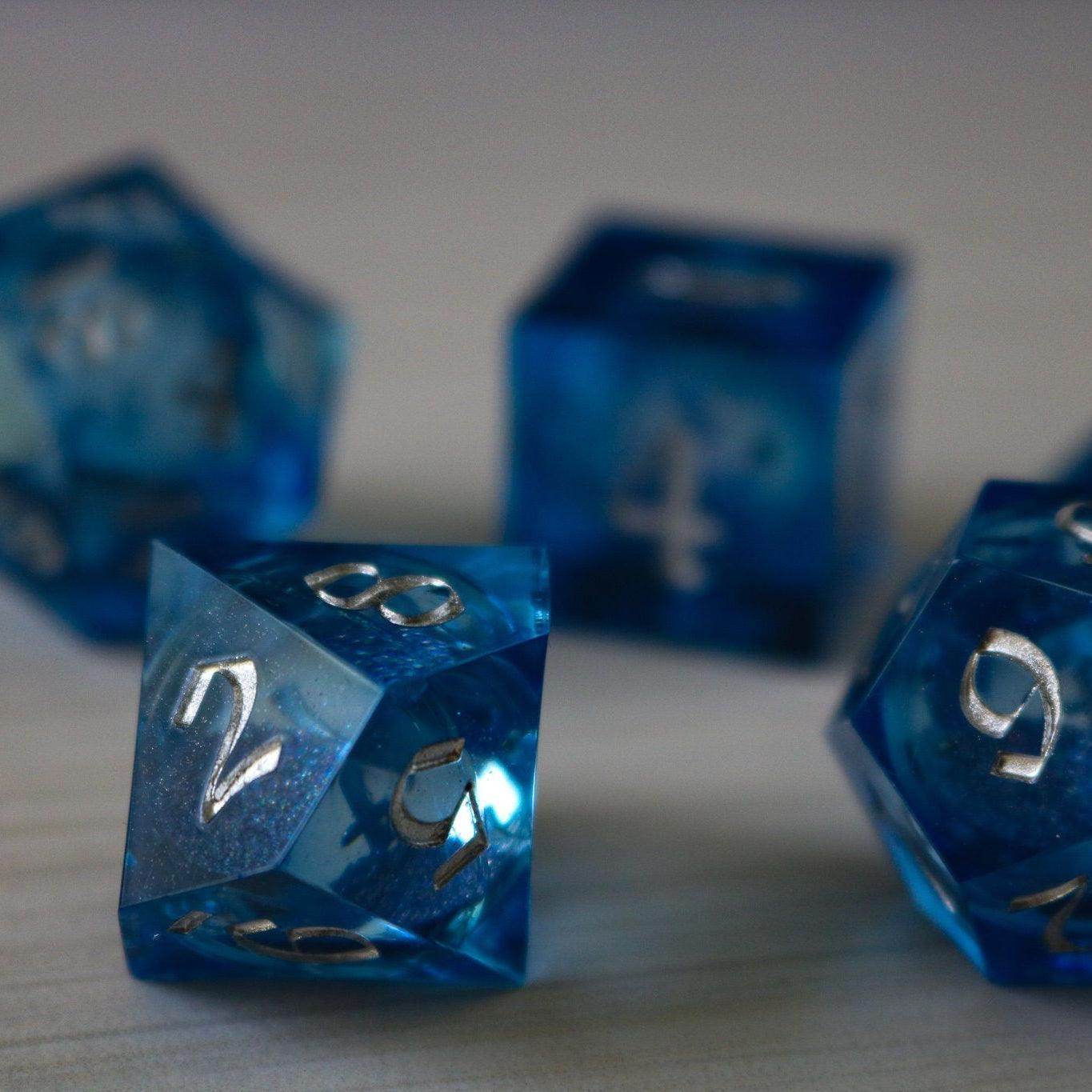 Blue Glitter Liquid Core Sharp Edge Handmade Resin DND Dice Set - 1 D20 (Not Full Set)