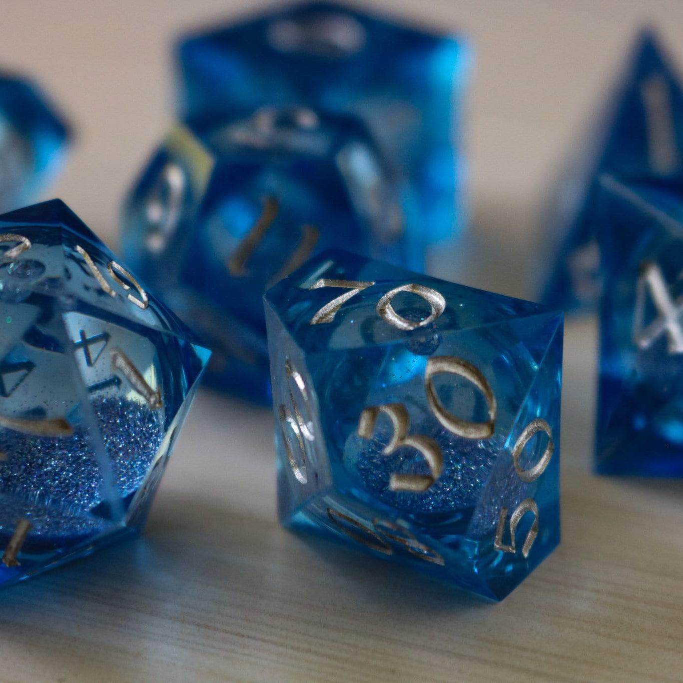 Blue Glitter Liquid Core Sharp Edge Handmade Resin DND Dice Set - 1 D20 (Not Full Set)