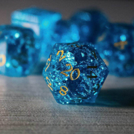 Blue Lightning Glass Cracked Glass DND Dice Set - Full Set and Free Dice Box