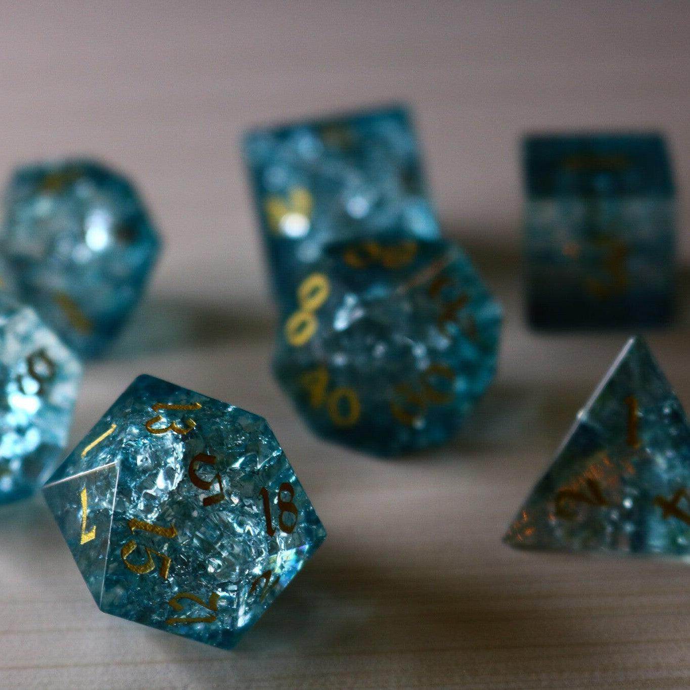Blue Ocean Forge Fire Glass DND Dice Set - Full Set And Free Dice Box