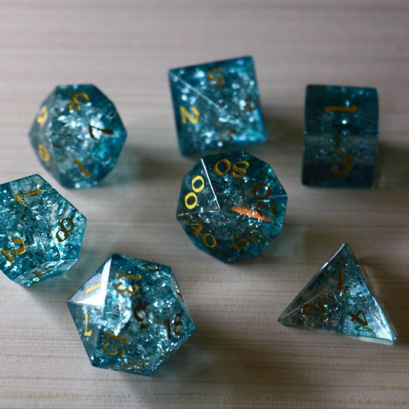 Blue Ocean Forge Fire Glass DND Dice Set - Full Set And Free Dice Box