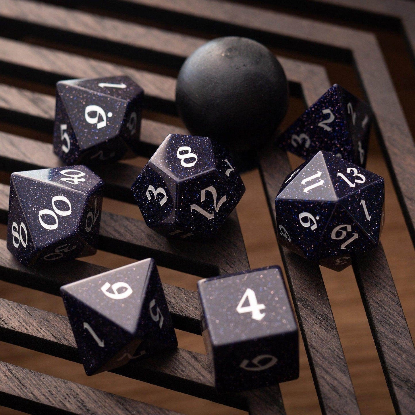 Blue Sandstone Silver Font Gemstone DND Dice Set - Full Set And Free Dice Box