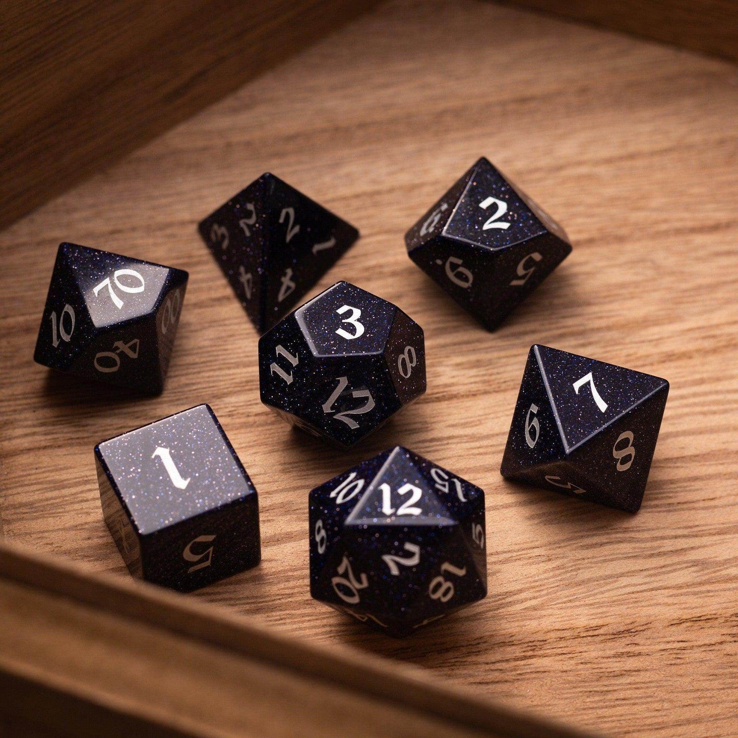 Blue Sandstone Silver Font Gemstone DND Dice Set - Full Set And Free Dice Box