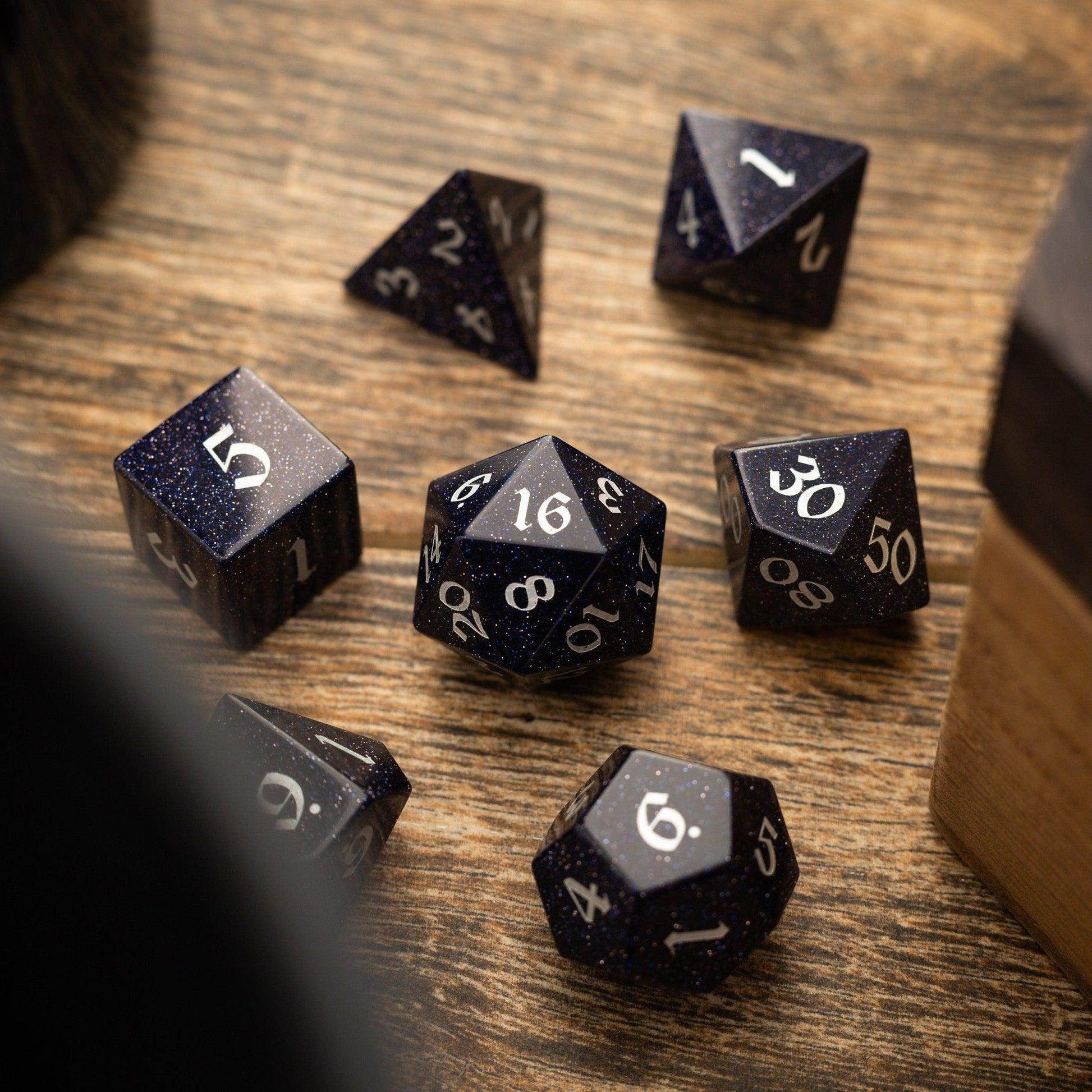 Blue Sandstone Silver Font Gemstone DND Dice Set - Full Set And Free Dice Box