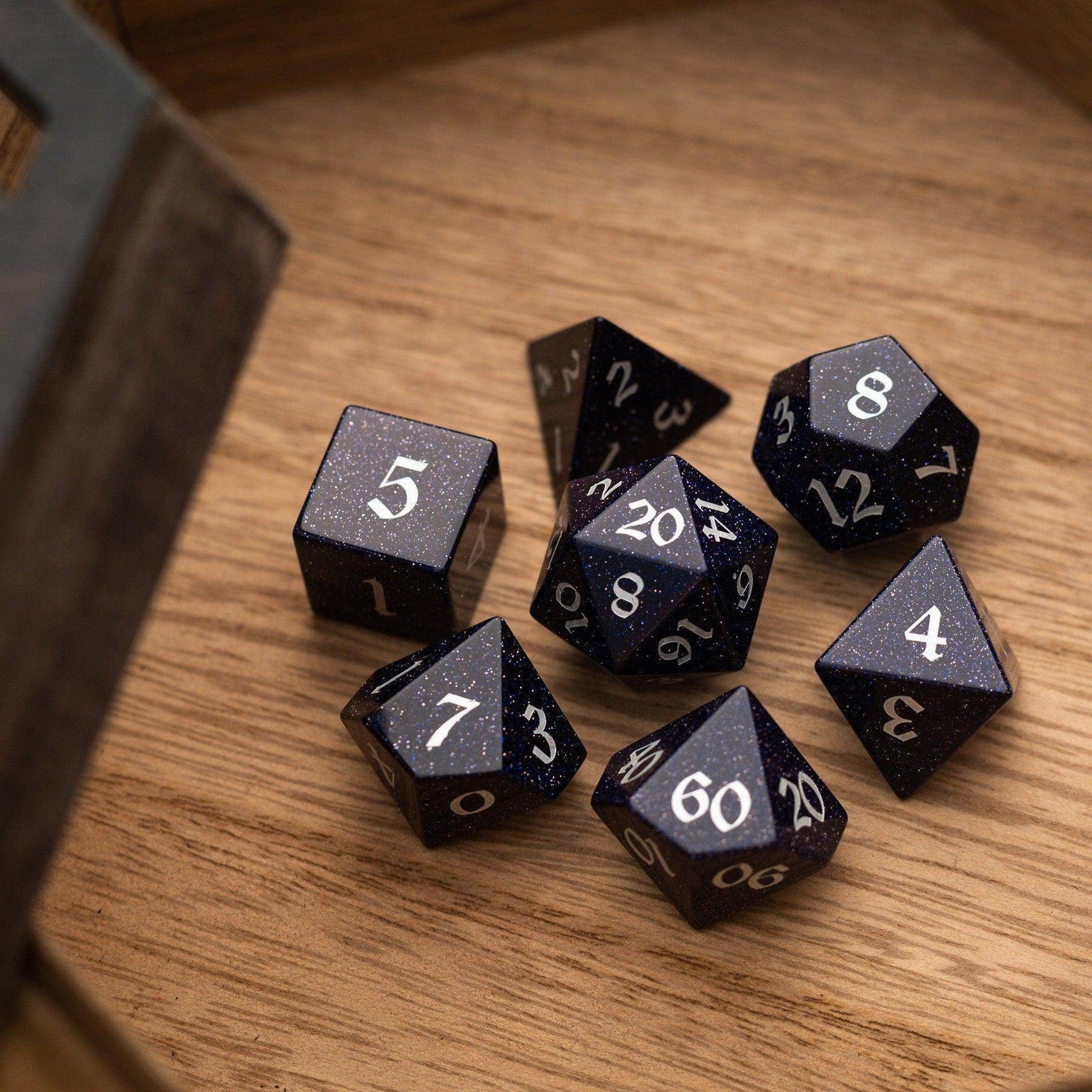 Blue Sandstone Silver Font Gemstone DND Dice Set - Full Set And Free Dice Box