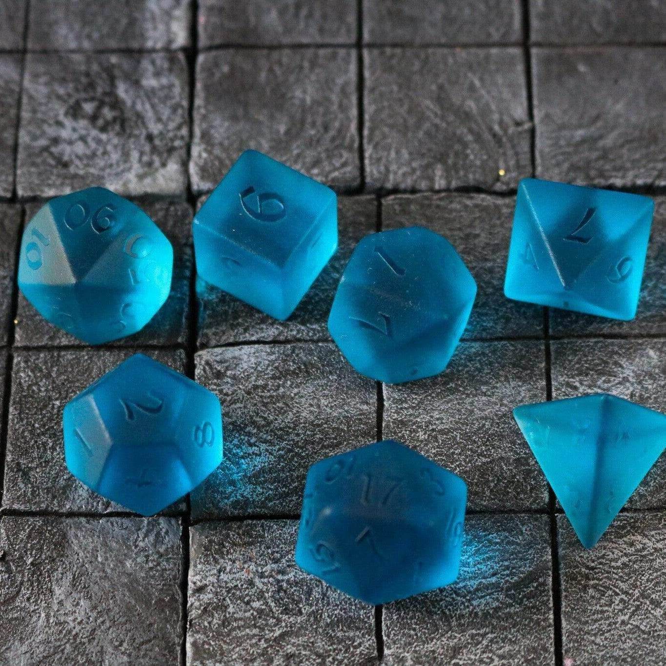 Blue Zircon Hand Carved Glass DND Dice Set - Full Set and Free Dice Box