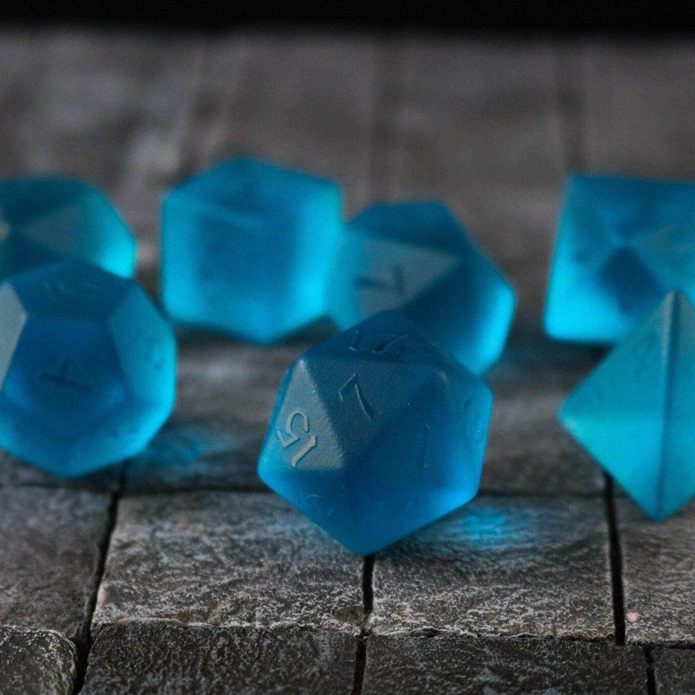 Blue Zircon Hand Carved Glass DND Dice Set - Full Set and Free Dice Box