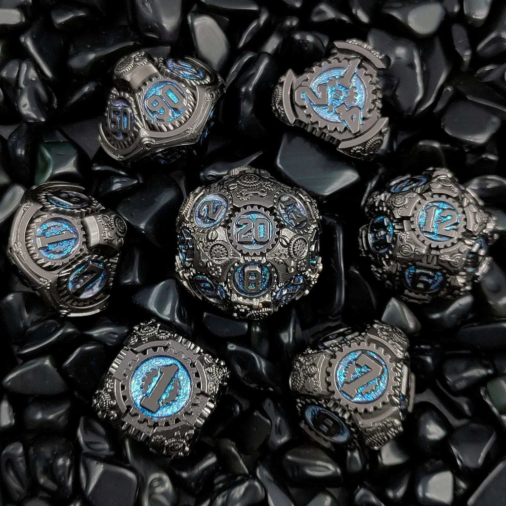 Steampunk - Blue Fluorescent Black Gear Metal DND Dice Set