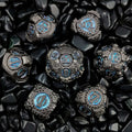 Steampunk - Blue Fluorescent Black Gear Metal DND Dice Set