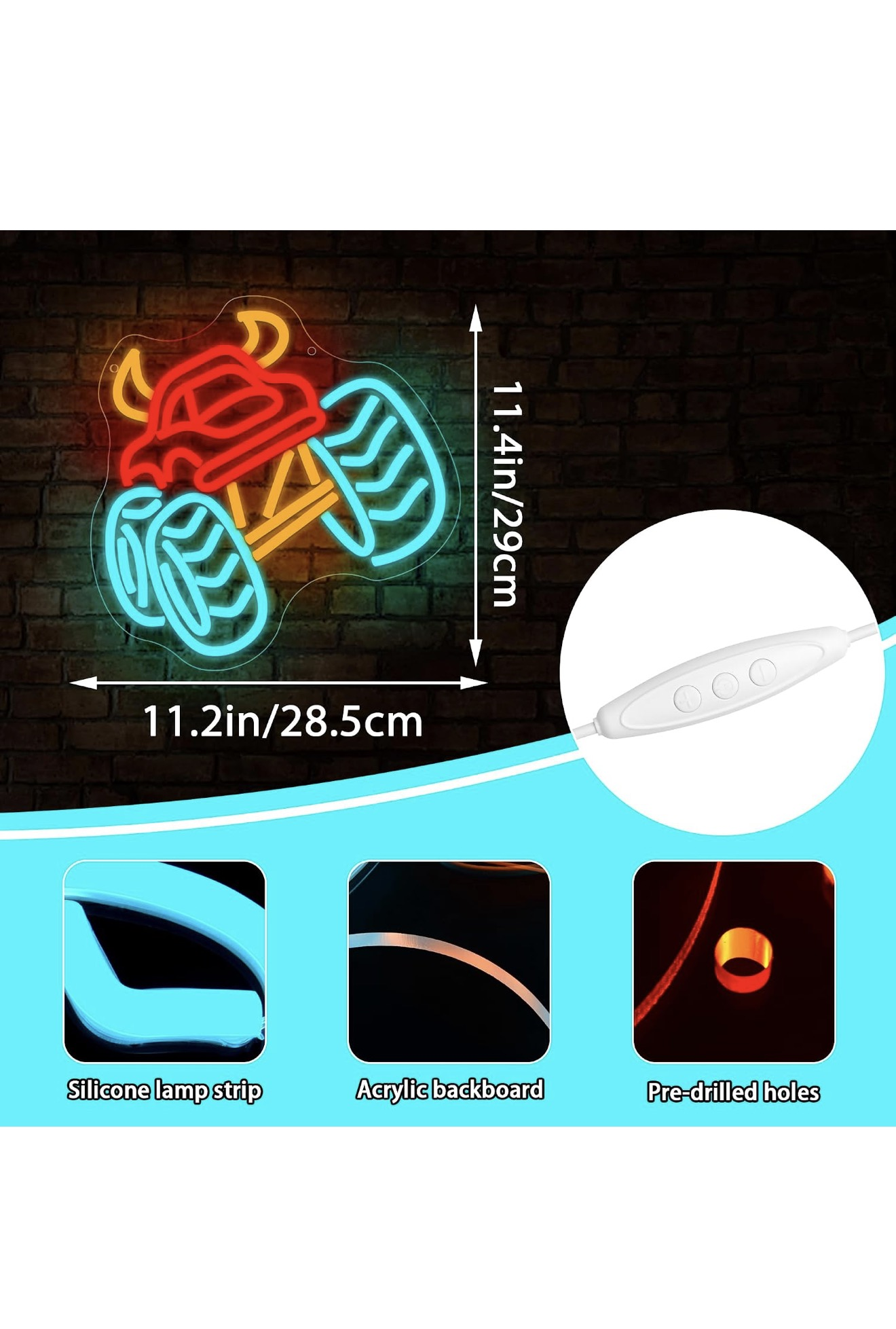 Monster Truck Neon LED Wall Light USB Red Blue 11.2in Kids Room Sign