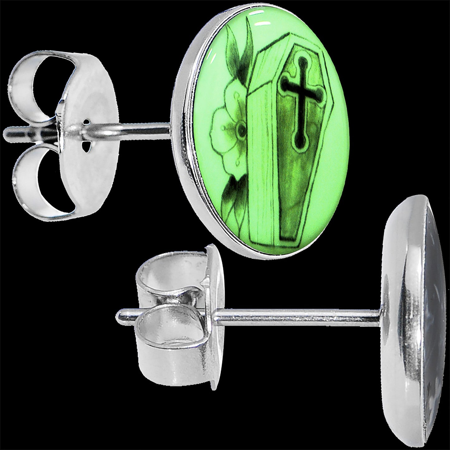 Coffin and Flower Glow in the Dark Stud Earrings