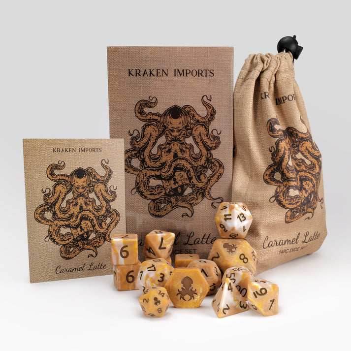 Kraken Dice Caramel Latte 14pc Matte Dice Set Inked in Brown - 