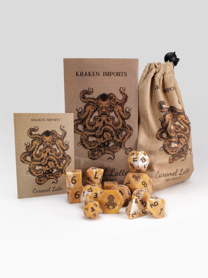 Kraken Dice Caramel Latte 14pc Matte Dice Set Inked in Brown - 