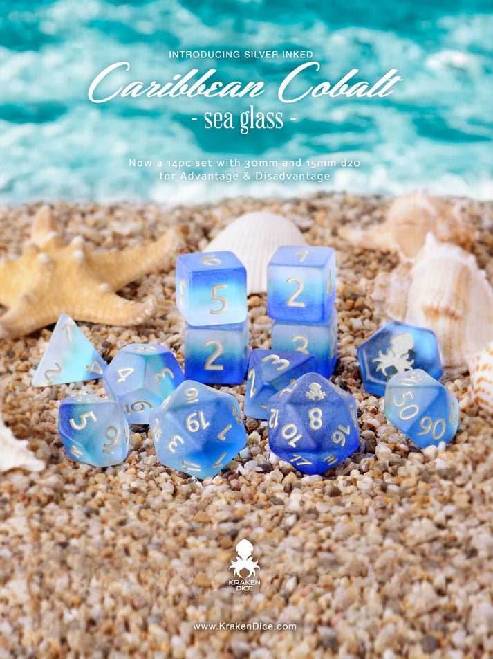 Kraken Dice Sea Glass 14 pc Dice Set - Caribbean Cobalt with Silver Ink