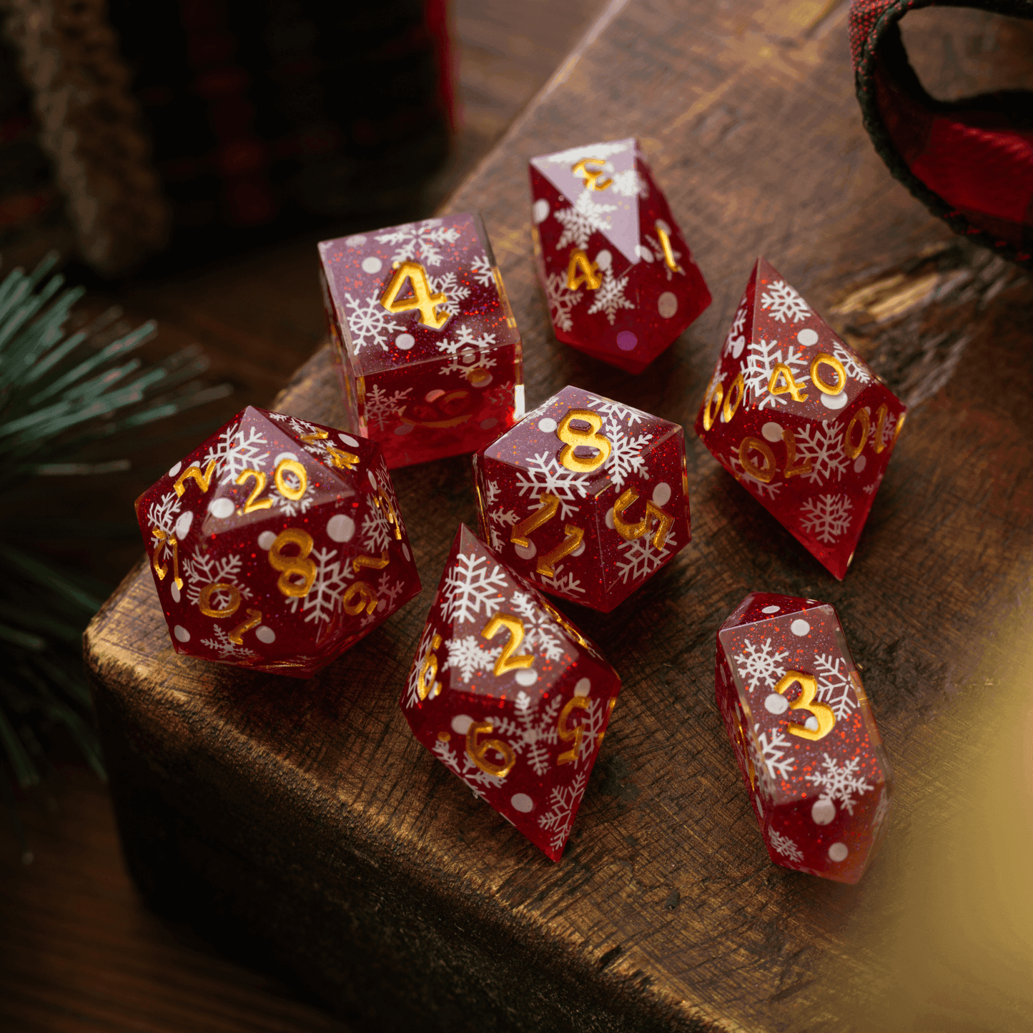 Christmas Red Snowflake Handmade Resin DND Dice Set - 