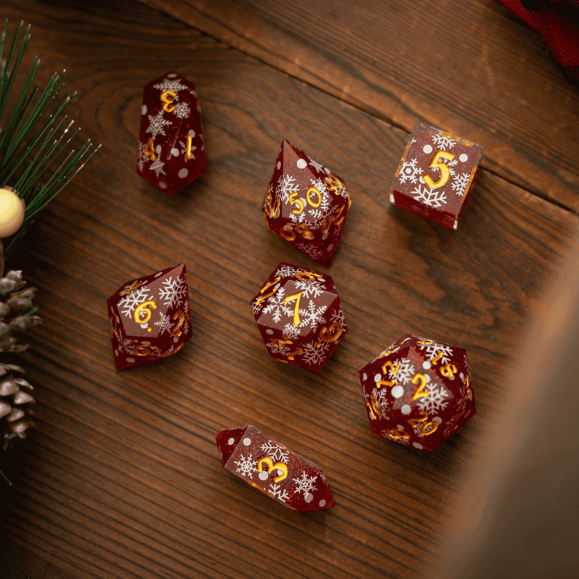 Christmas Red Snowflake Handmade Resin DND Dice Set - 
