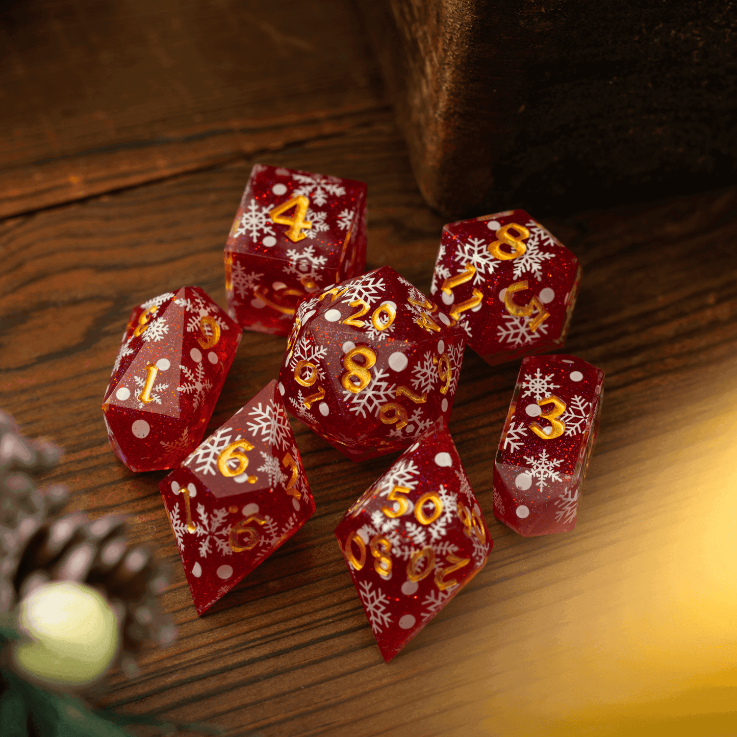 Christmas Red Snowflake Handmade Resin DND Dice Set - 