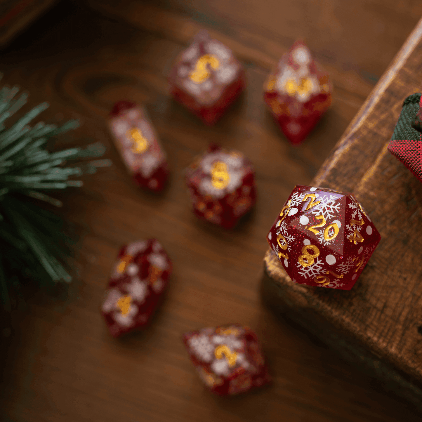 Christmas Red Snowflake Handmade Resin DND Dice Set - 