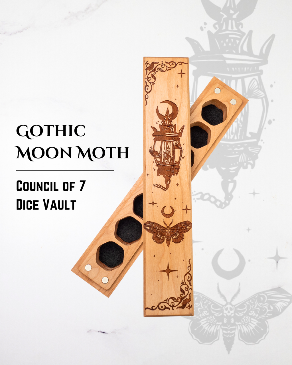 Gothic Moon Moth | Engraved Council of 7 Dice Vault