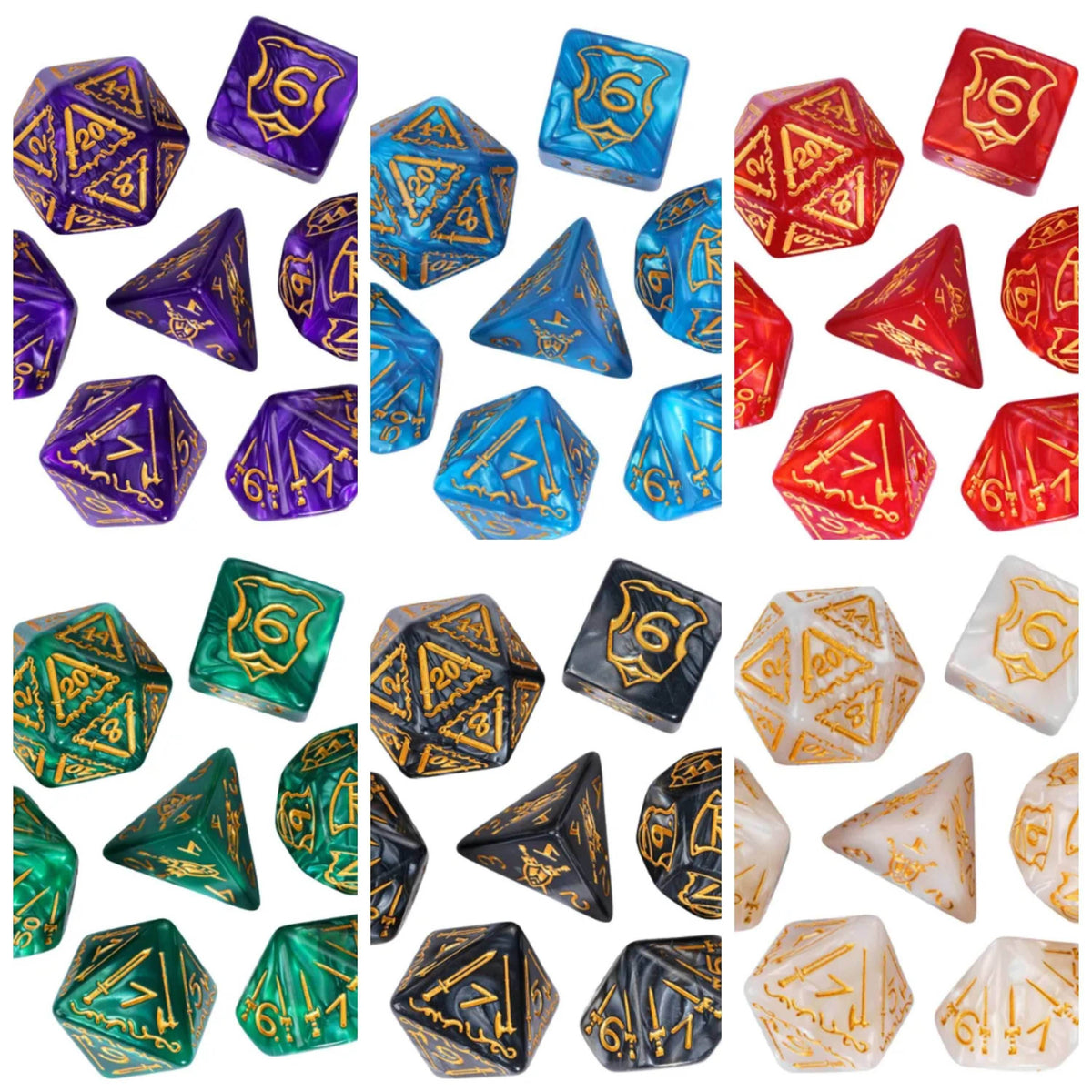 Giant Fighter Pearl Dice (7) with Gold Numbers JUMBO Dice Set (Available in Several Colors) - White w/Gold