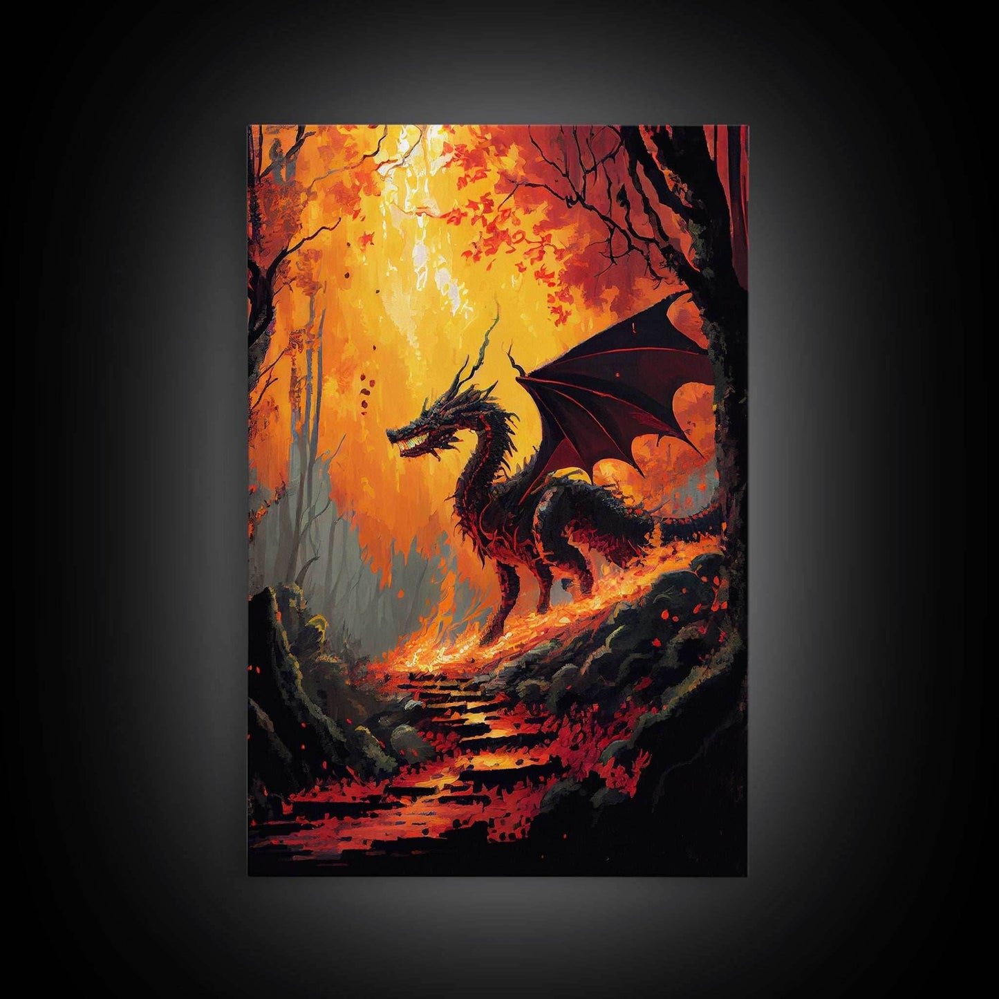 Fiery Dragon Burning Down Forest Canvas Print - Mystical Fantasy Wall Art Home Decor Artwork - 8x12 Inches / Gallery Wrap Canvas - Ready To Hang