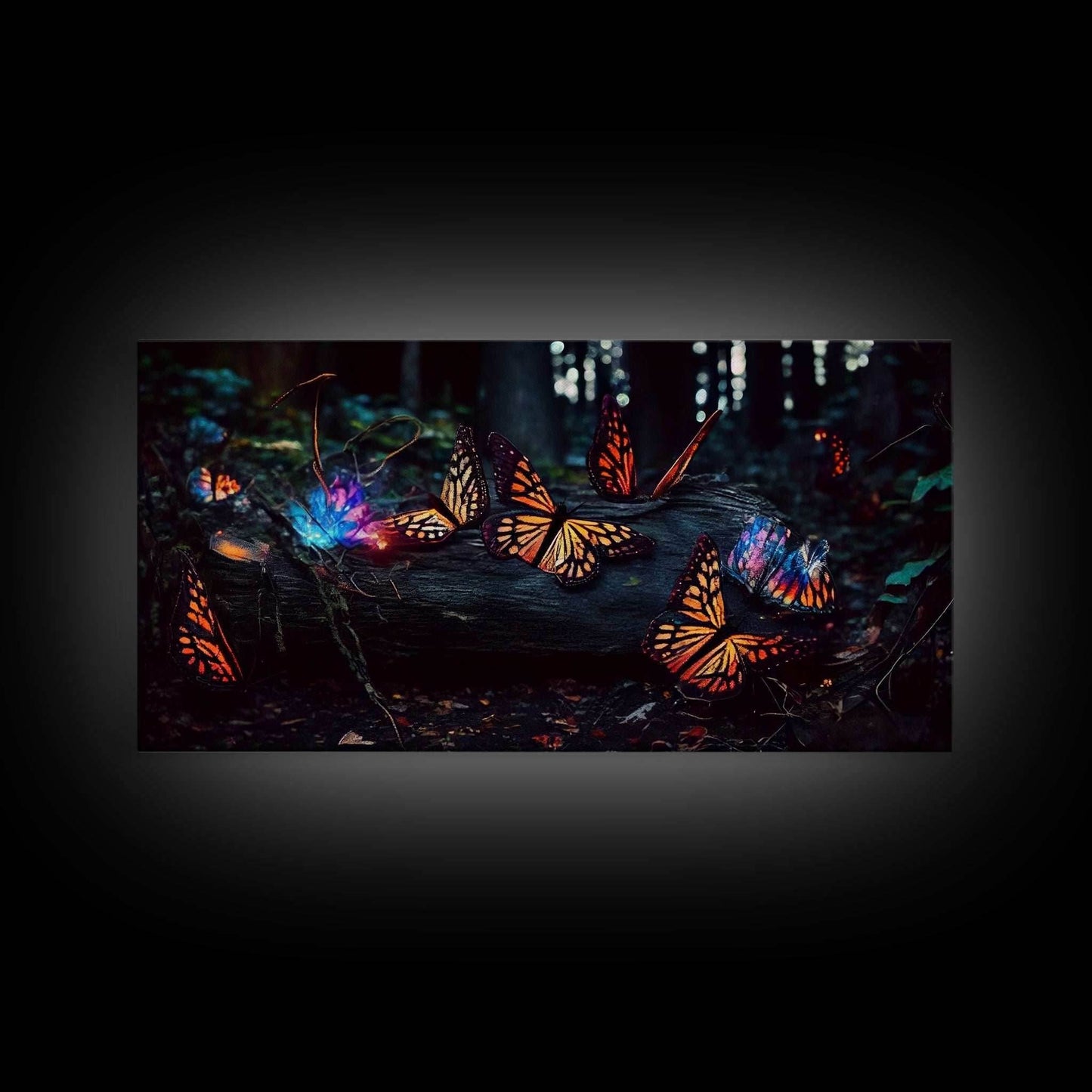 Glowing butterflies, fantasy forest wall art, framed canvas print, mother's day, mom gift, monarch butterflies - 10x20 Inches / Gallery Wrap Canvas - Ready To Hang