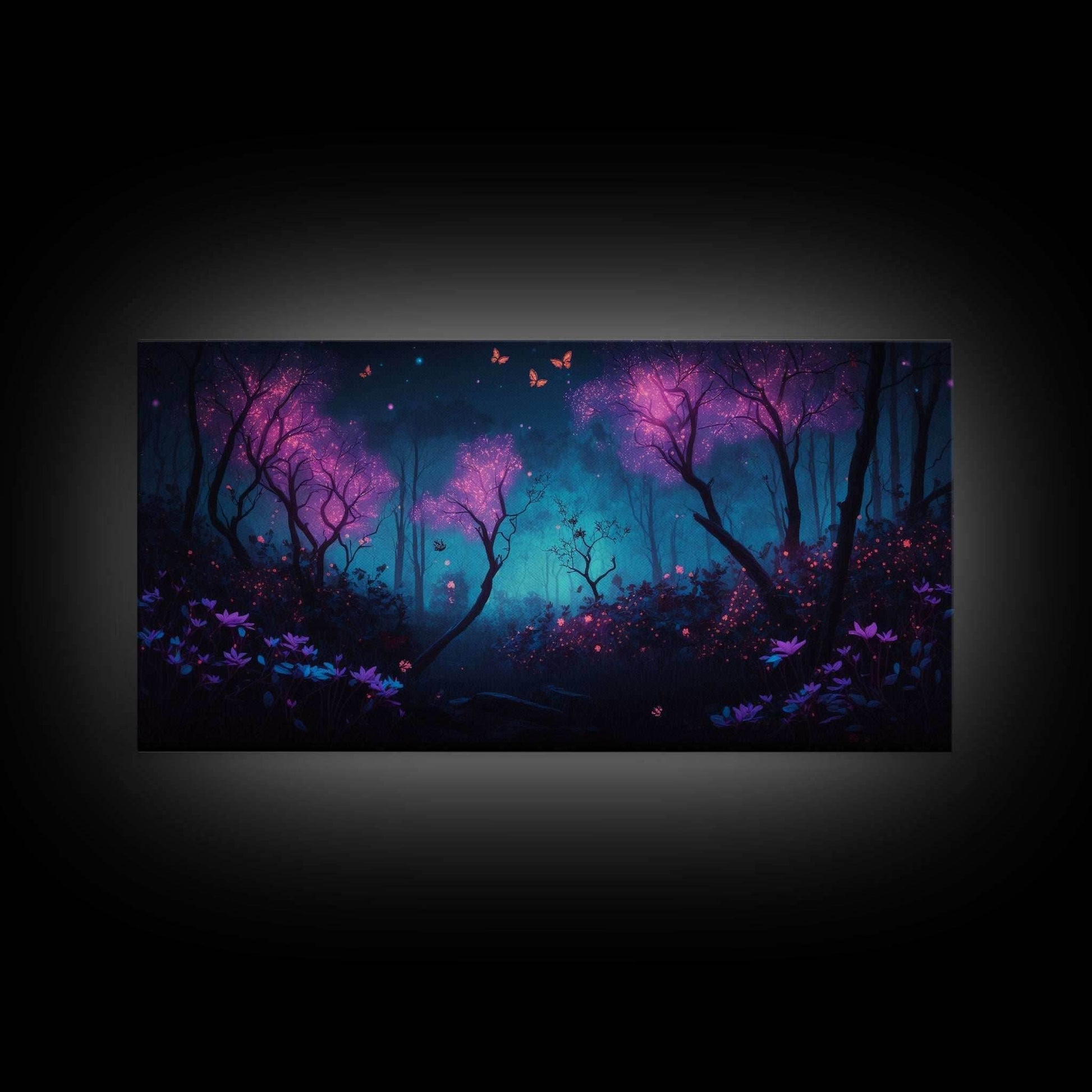 Beautiful forest canvas print Fantasy forest wall art Forest Painting, Framed Art, Glowing Butterflies - 10x20 Inches / Gallery Wrap Canvas - Ready To Hang