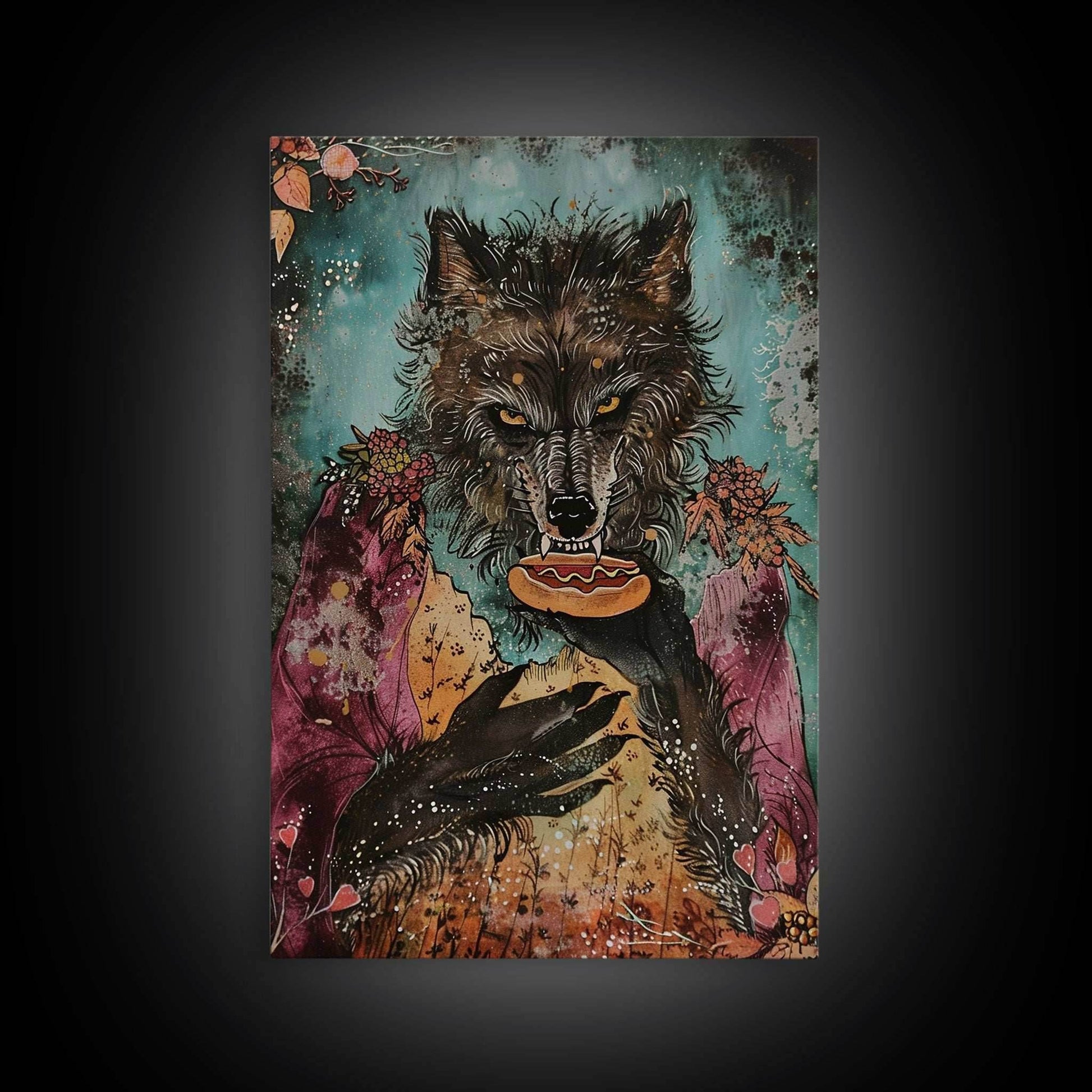 Halloween Werewolf Holding Hotdog, Framed Canvas Print, Wall Art, Home Decor, Spooky Artwork, Fantasy Decor, Halloween Decor - 8x12 Inches / Gallery Wrap Canvas - Ready To Hang